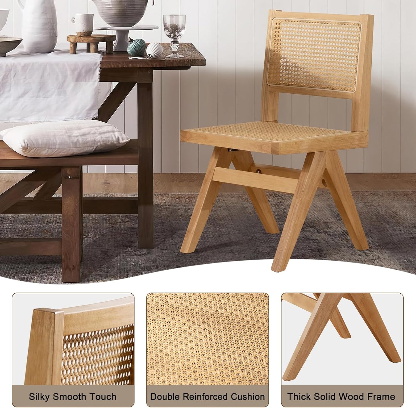 Rattan Dining Room Chairs Set of 2, Mid-Century Modern Kitchen Chairs for Dining