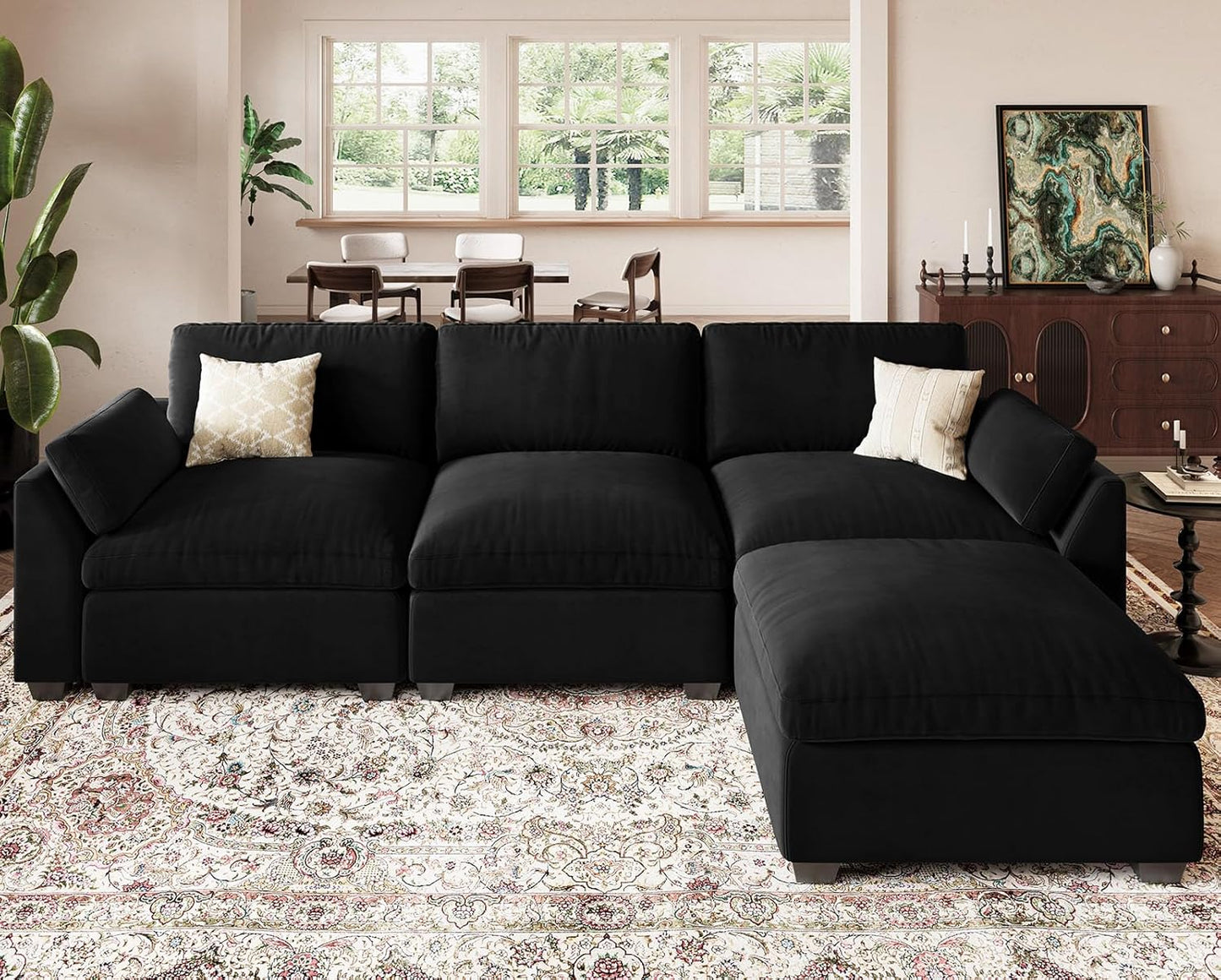 Belffin Extra Large Modular Sectional Sofa,106.3" 4-Seater L Shaped Couch,Velvet Convertible Sectional Couches for Living Room,Comfy Upholstered Modern Cloud Couch,Black Sofa