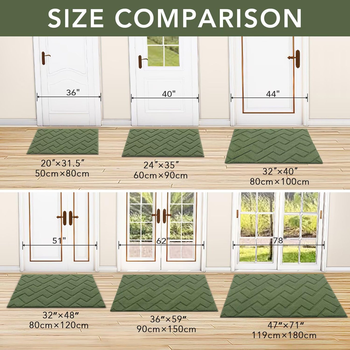 hicorfe Indoor Doormat,Front Back Door Mat TPR Backing Non Slip Mats 20"x31.5" Absorbent Resist Dirt Entrance Doormat Inside Floor for Entryway Washable Low-Profile(Green)
