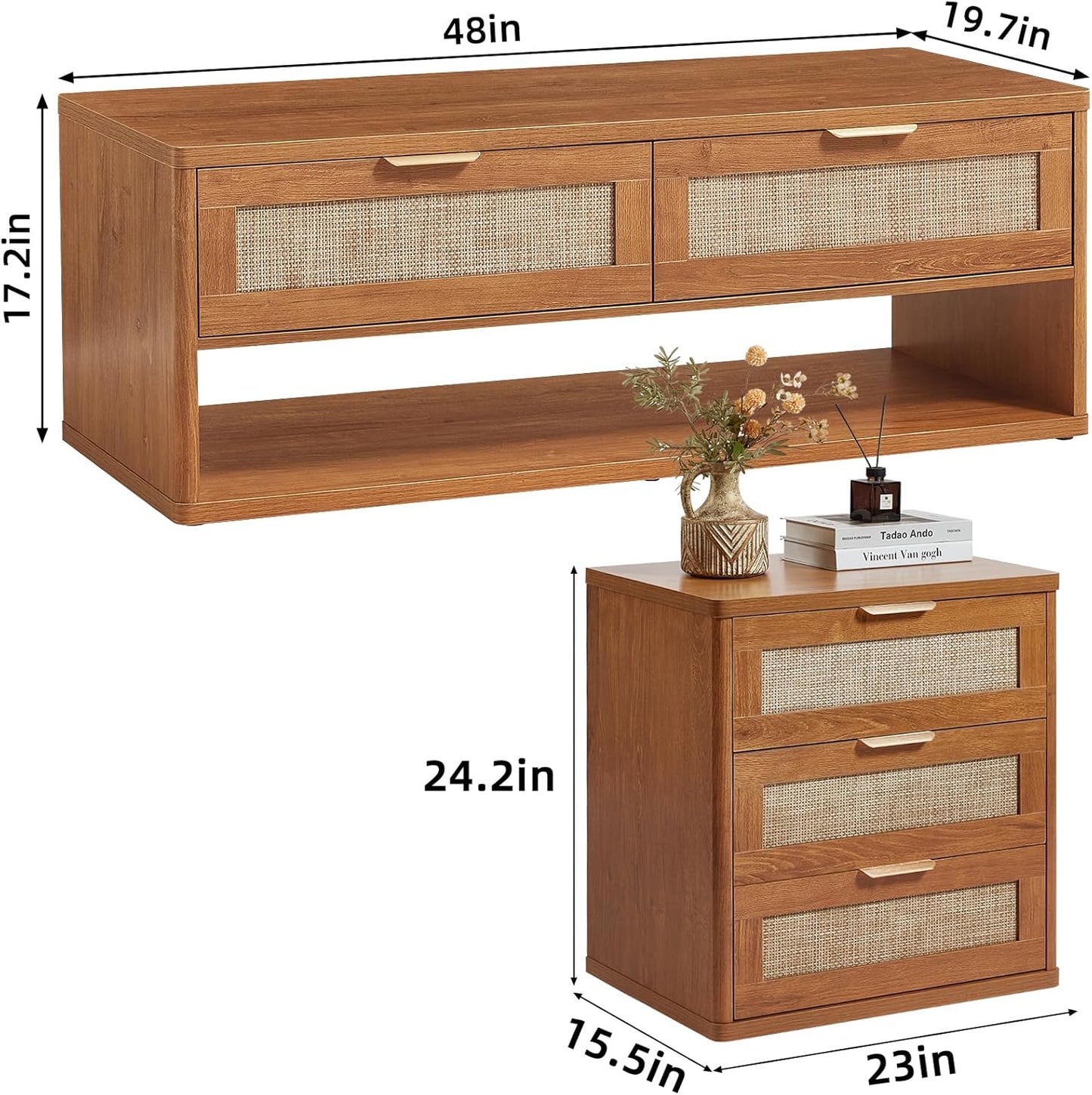 LEYAOYAO Boho Rattan Coffee Table and End Table Sets, 48" Wide Center Tables & 23" Night Stand with 3 Drawers, Brown Wood Coffee Table for Living Room 2 Piece Set