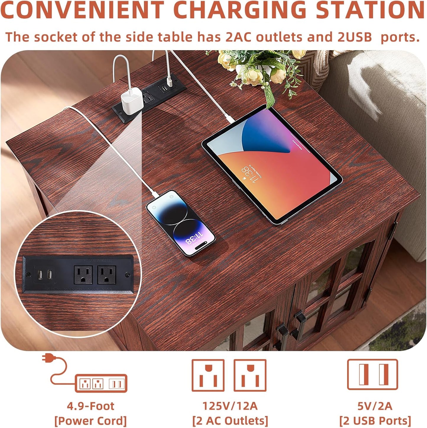 Farmhouse End Table with Charging Station,24" Large Sofa Side Table with Glass Barn Door,Rustic Wood Night Stand with Adjustable Storage Shelf,Square Bedside Table for Living Room,Bedroom Office