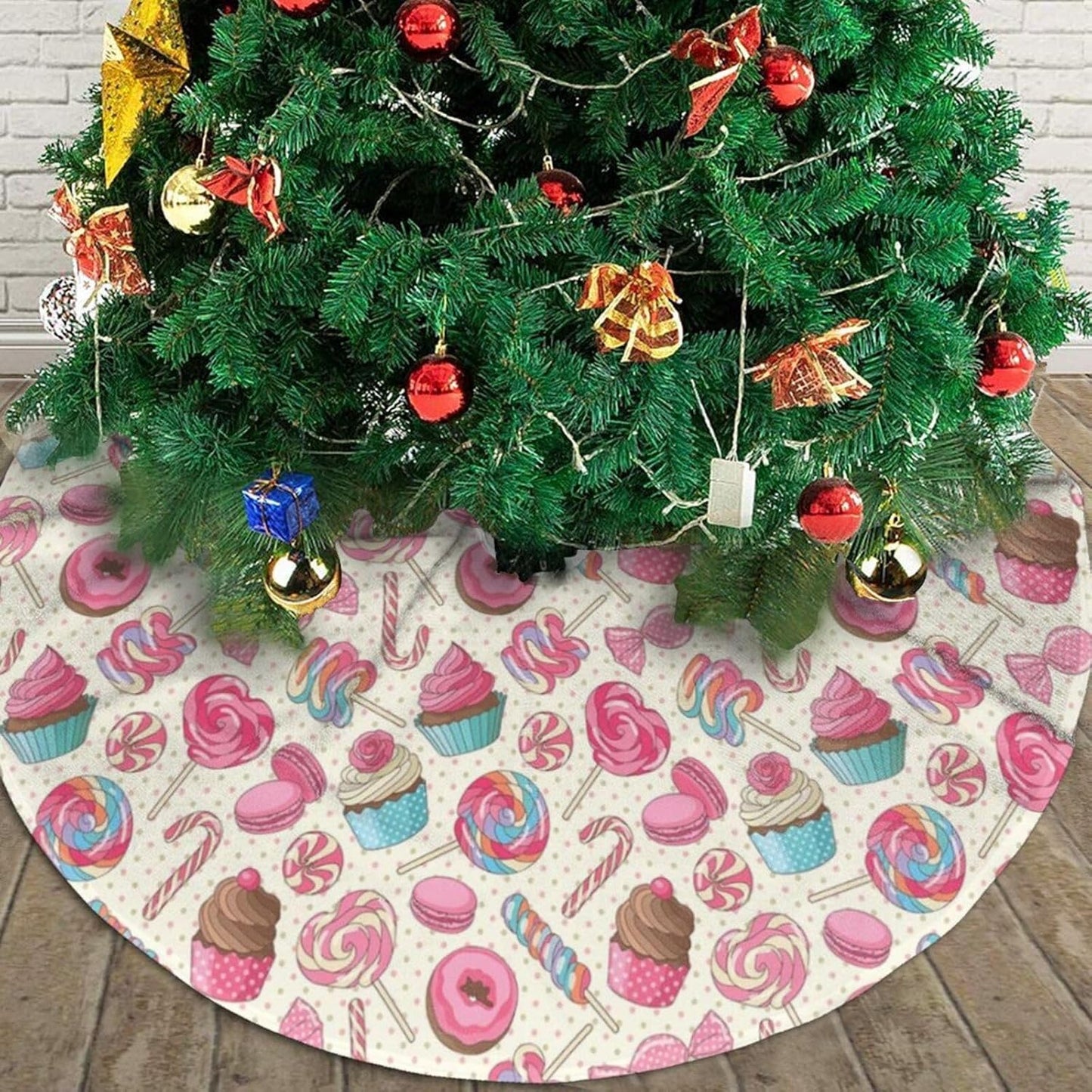 Christmas Tree Skirt,Sweet Lollipop Candy Macaroon Cupcake Donut Xmas Tree Skirt Rustic Farmhouse Tree Skirt for Christmas Decor Xmas Holiday Home Party Decorations36