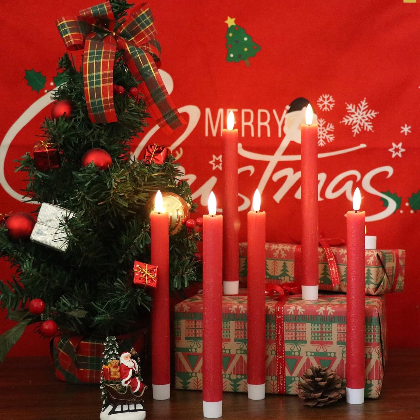 GenSwin Flameless Red Taper Candles Flickering with 10-Key Remote, Battery Operated Led Warm 3D Wick Light Window Candles Real Wax Pack of 6, Christmas Home Wedding Decor(0.78 X 9.64 Inch)