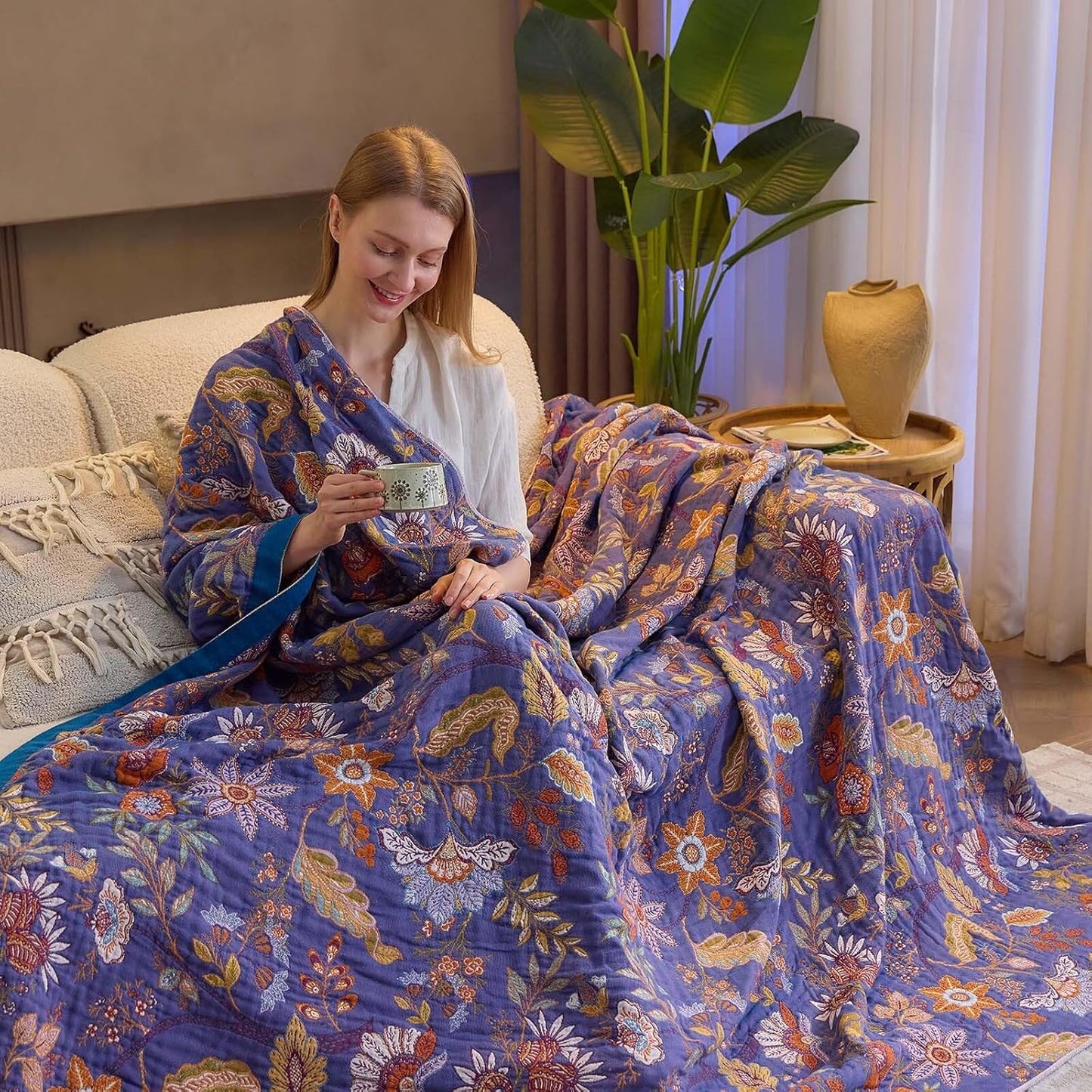 Boho Blanket, 100% Cotton Farmhouse Decorative Throw Blanket, 60"x80" Reversible Bohemian Throw Blanket, Purple All Season Muslin Breathable Woven Blankets Quilt