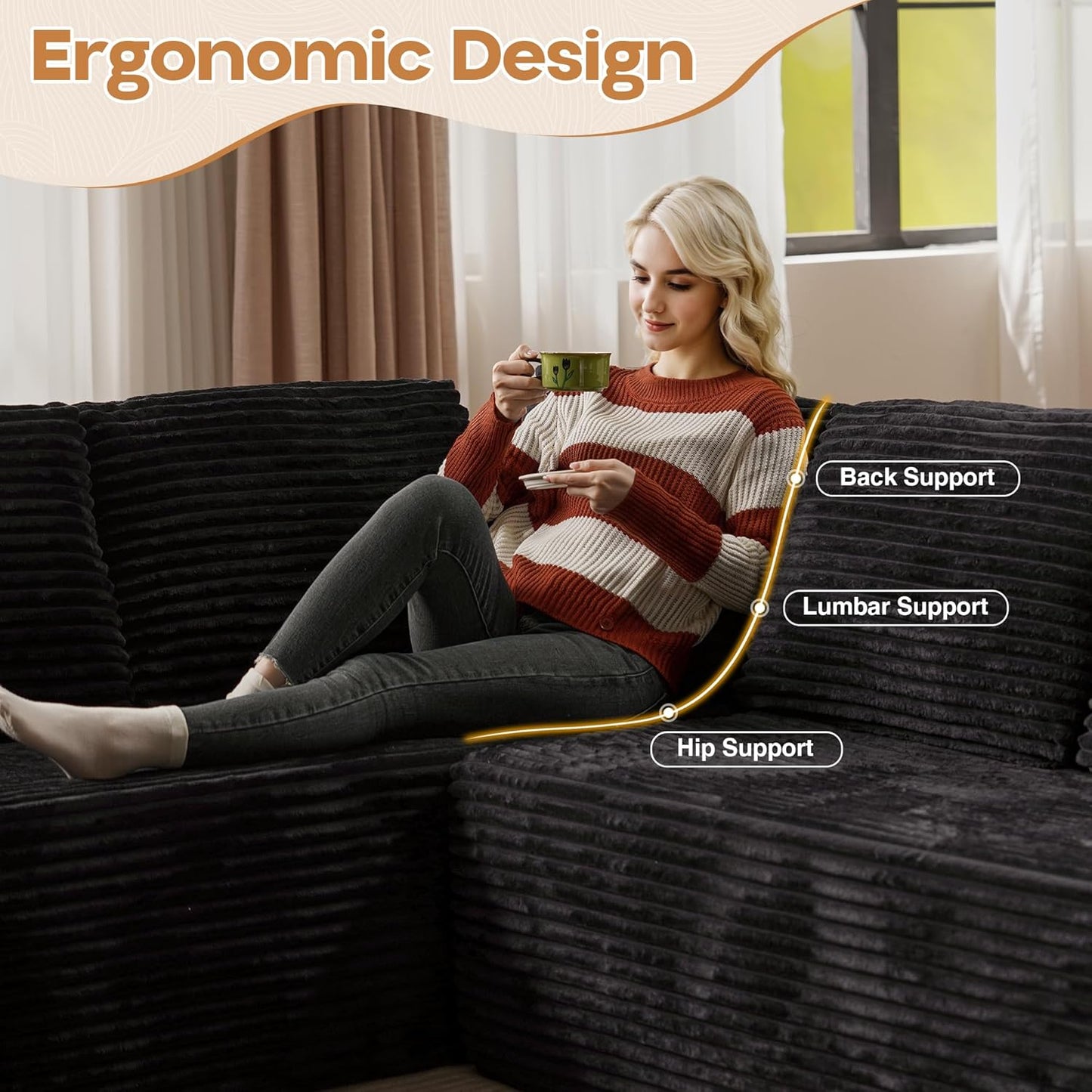 Cloud Sectional Couches for Living Room,U Shaped Modular Sofas No Assembly,165x107 Inches Plush Corduroy Oversized Floor Couch Set with Deep Seat Chaise,Black