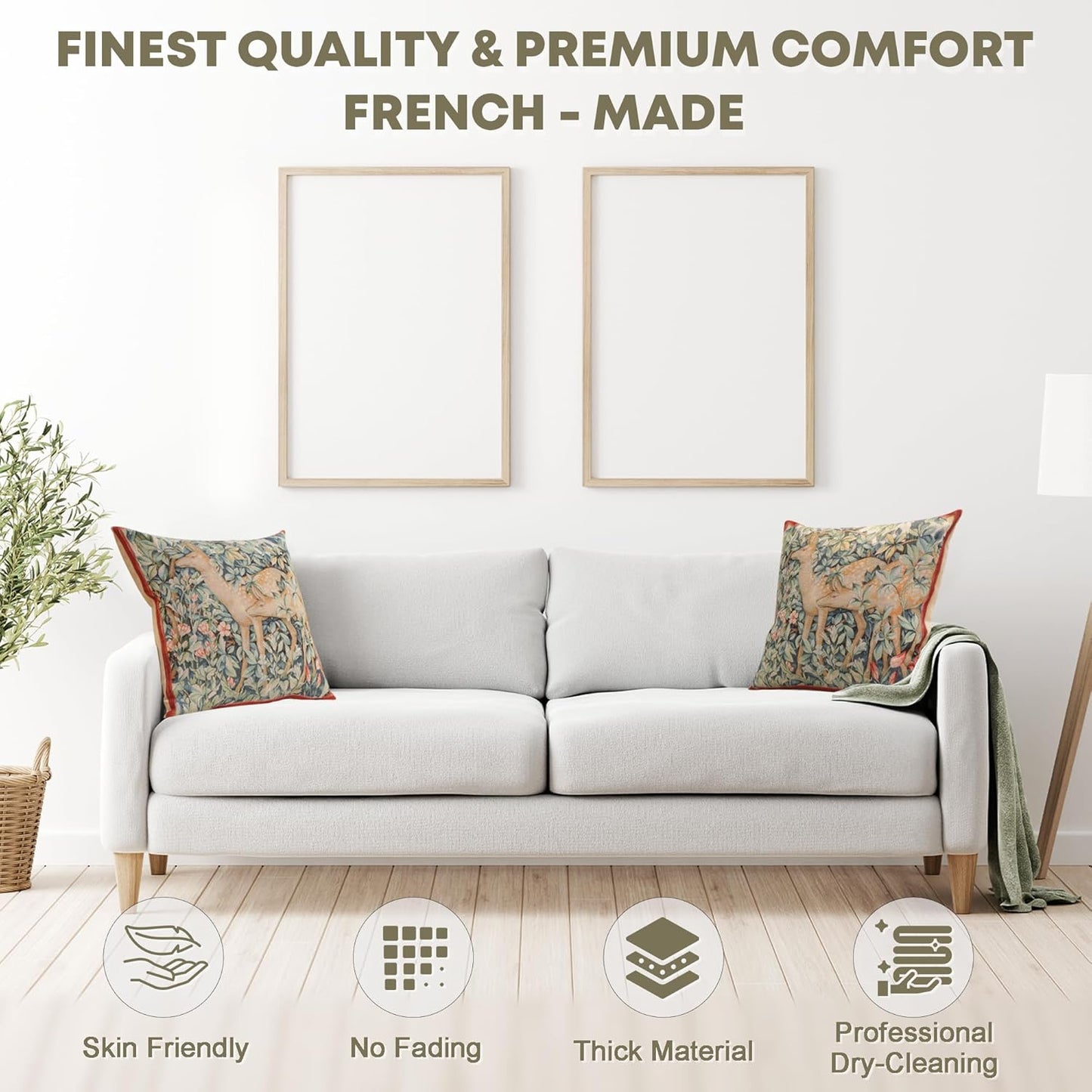 Charlotte Home Furnishings Decorative Tapestry Pillow Cover 19x19 in, Green Does Couch Throw Pillow Cover, French Country Square Cushion Cases for Living Room Home Decor, Soft Cotton Jacquard Woven