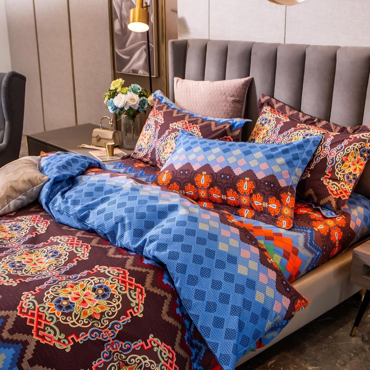 ABREEZE Bohemian Duvet Cover Set Colorful Brown Boho Retro Bedding Set Damask Paisley Cotton Duvet Cover Tribal Reversible Bedding Exotic Style Comforter Cover 3-Piece Queen
