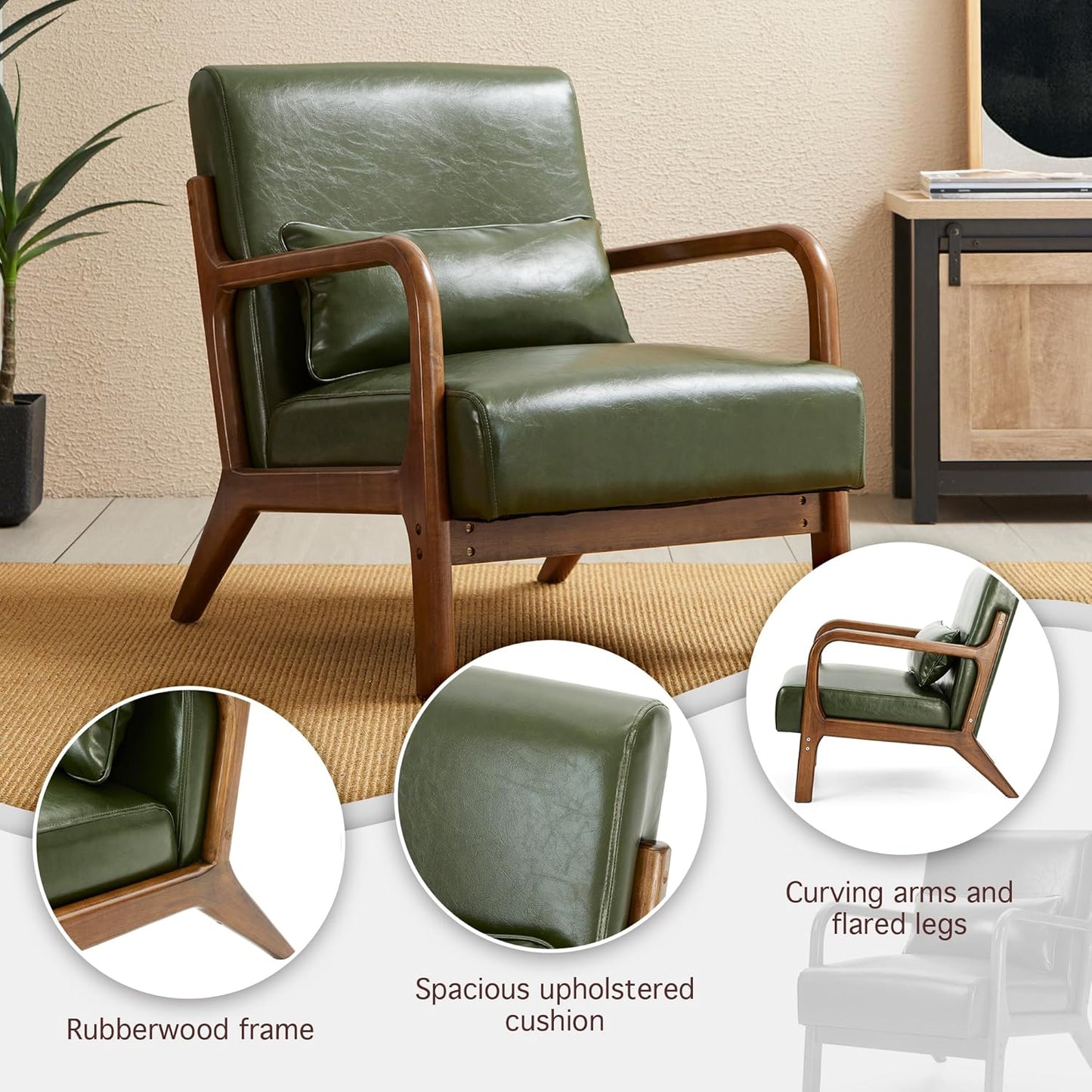 Glitzhome Mid Century Hunter Green Accent Armchair, Single Reading Armchair PU Leather Lounge Chair with Walnut Ruberwood Frame