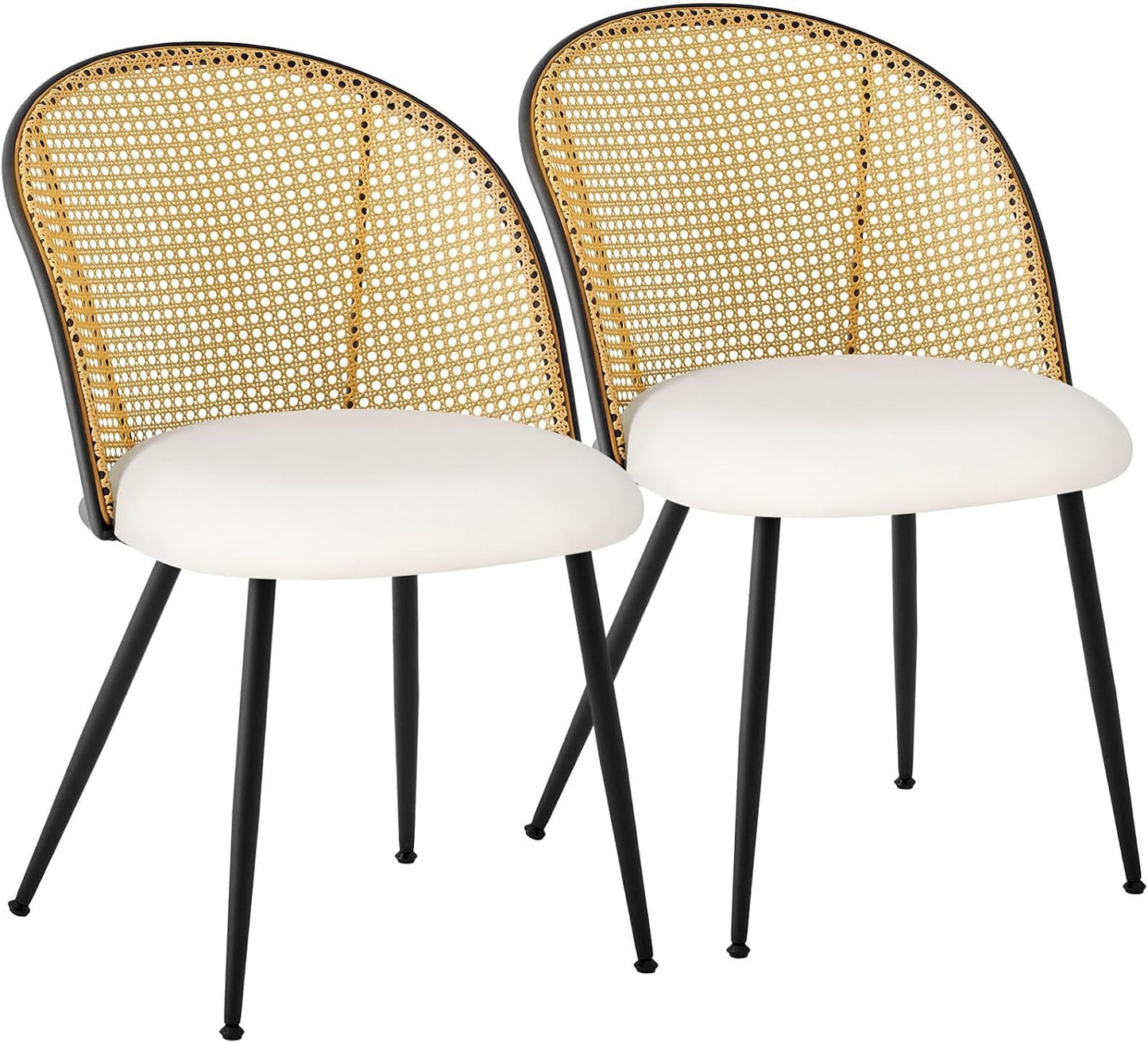 Dining Chairs Set of 2, Mid Century Modern Dining Room Chairs with Rattan Back, Faux Leather Kitchen Dining Chairs Farmhouse Armless Mesh Cane Back Side Chairs with Metal Legs, White