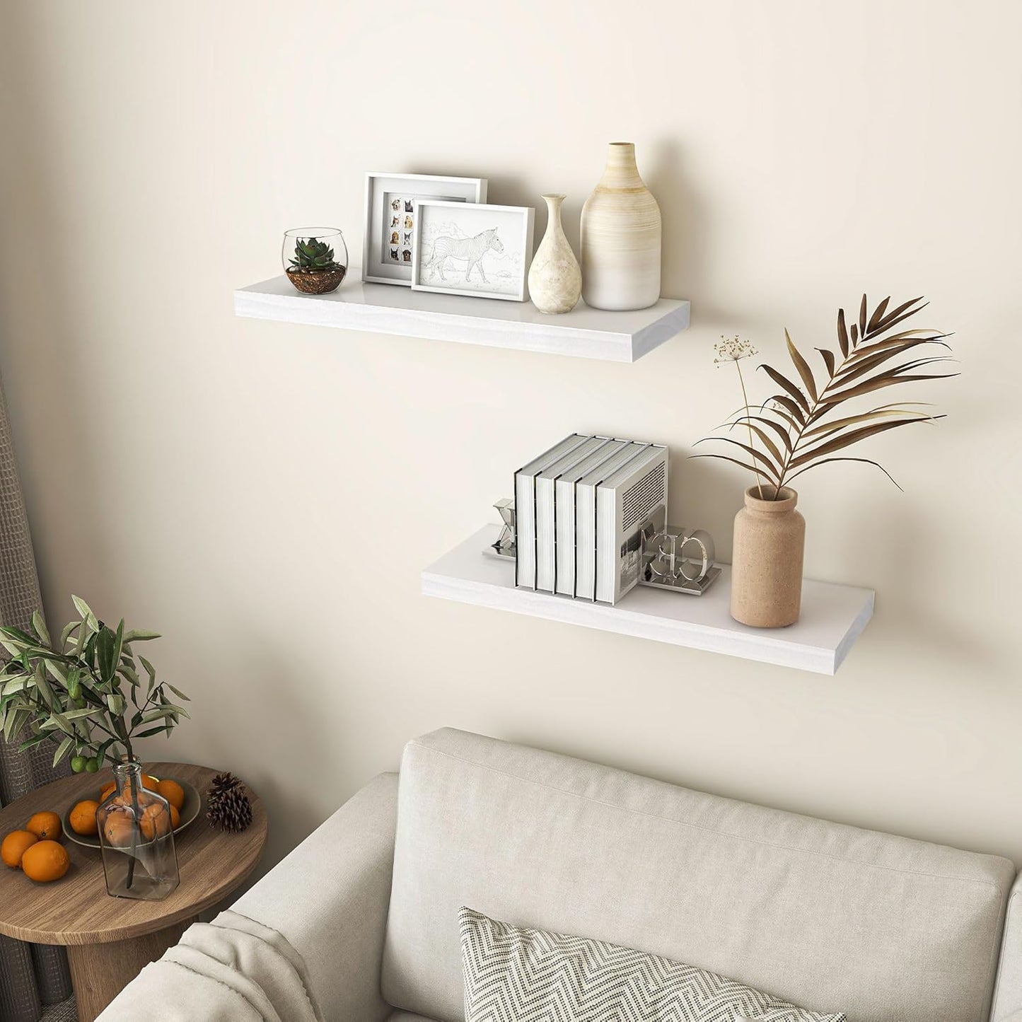 Farmhouse Floating Shelves - 8 Inch Deep Rustic Wood Wall Shelf - Premium Solid Pine Wood Storage Shelf Display Shelf for Kitchen Living Room Bedroom - 24"W x 8"D - Set of 2 - White Color