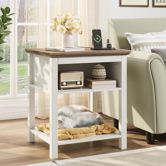 Rresyet Sliding Side Table with Charging Station & 2-Tier Storage,Farmhouse End Table, Wooden Nightstand for Bedroom & Living Room,White