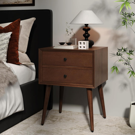 Christopher Knight Home Acacia Wood Nightstand Side Table, Accent Bedside End Table, Storage with 2 Drawers, Mid-Century Nightstand with Solid Wood Leg for Bedroom Dorm and Small Space, Brown