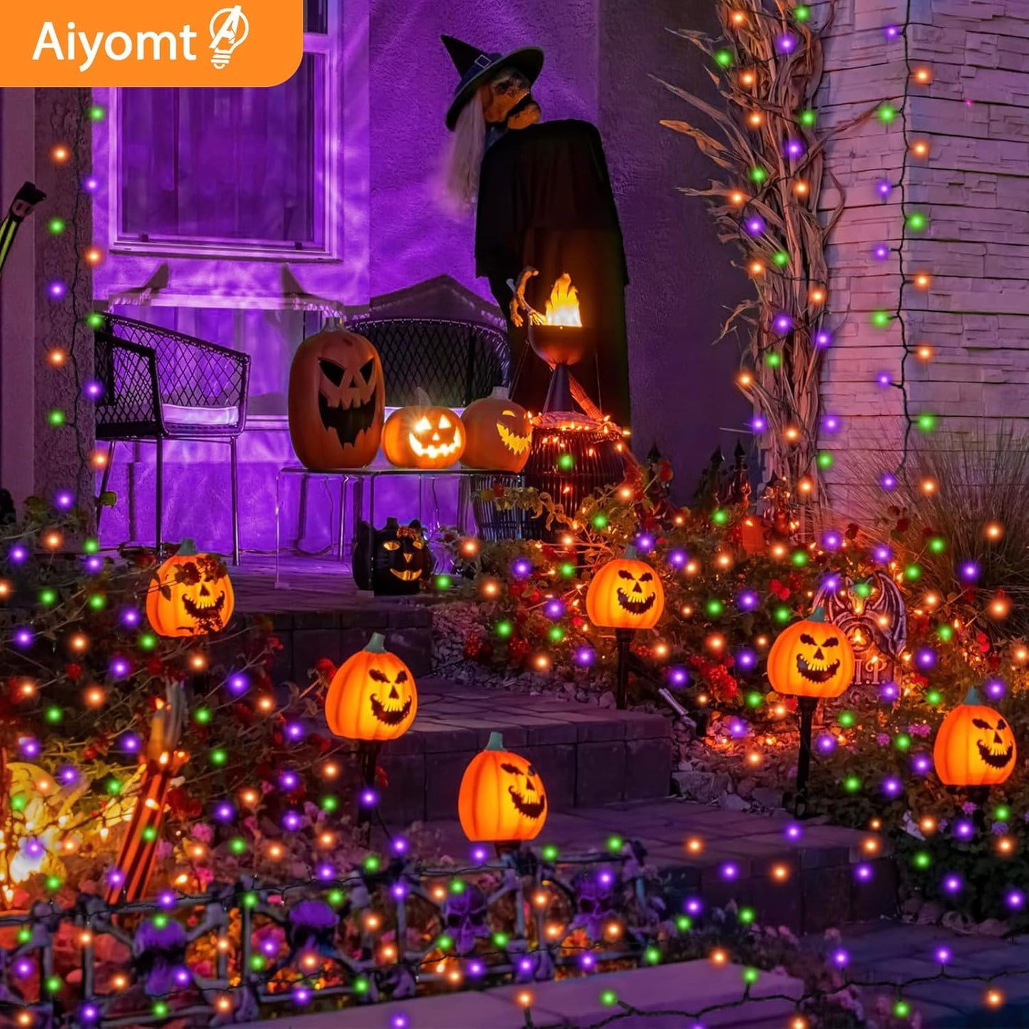 Halloween Orange Purple & Green Lights Decorations, 2 Pack 17FT 100LED Mini String Lights Battery Operated -Waterproof for Indoor Outdoor Patio Tree Holiday Fall Halloween Decor