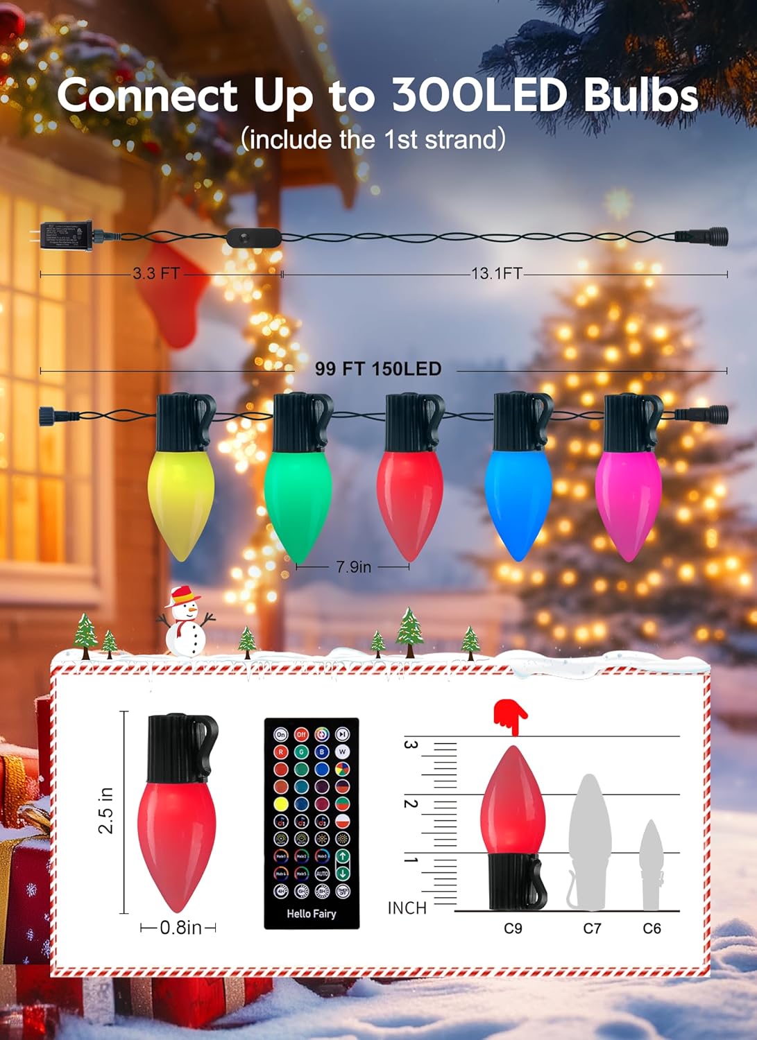 Brightown C9 LED Christmas Lights Outdoor, 150 LED RGB Smart Christmas Tree Lights with Music Sync APP Controlled, Waterproof Connectable C9 String Light for Indoor House Party Patio Garden Decor