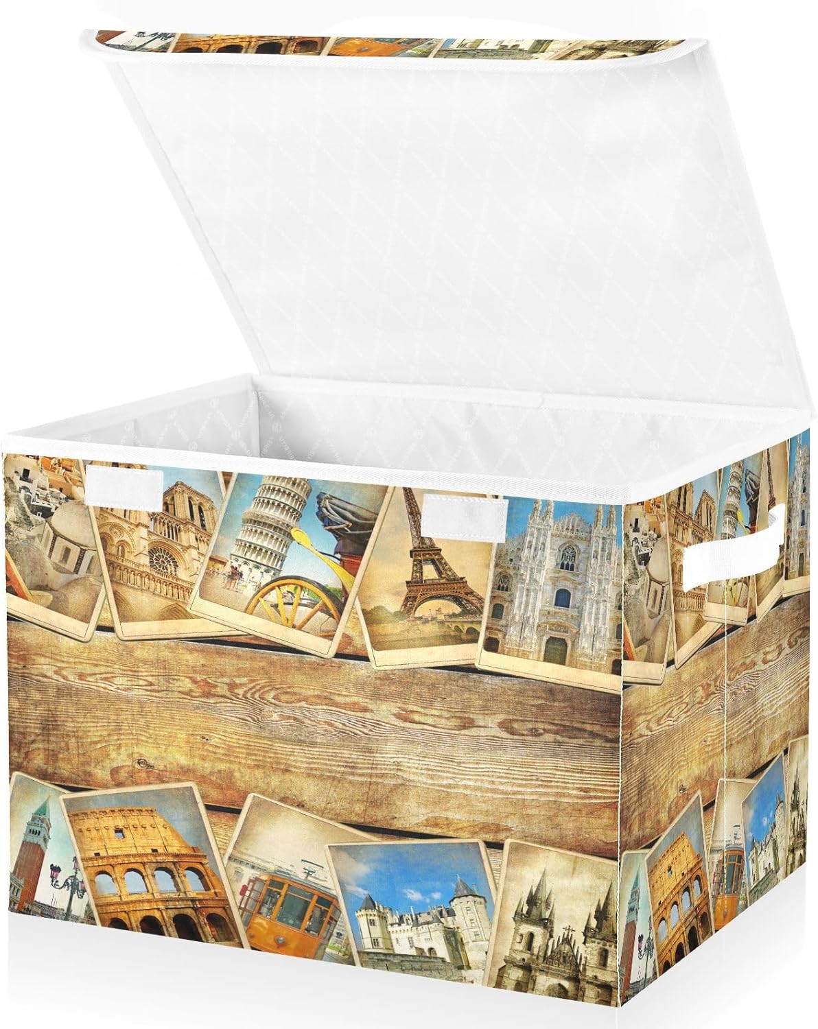 susiyo Vintage Parisian Attractions fabric storage baskets with lids,Collapsible Storage Boxes,Foldable storage boxes with handles for Home,Office,Closet Organization