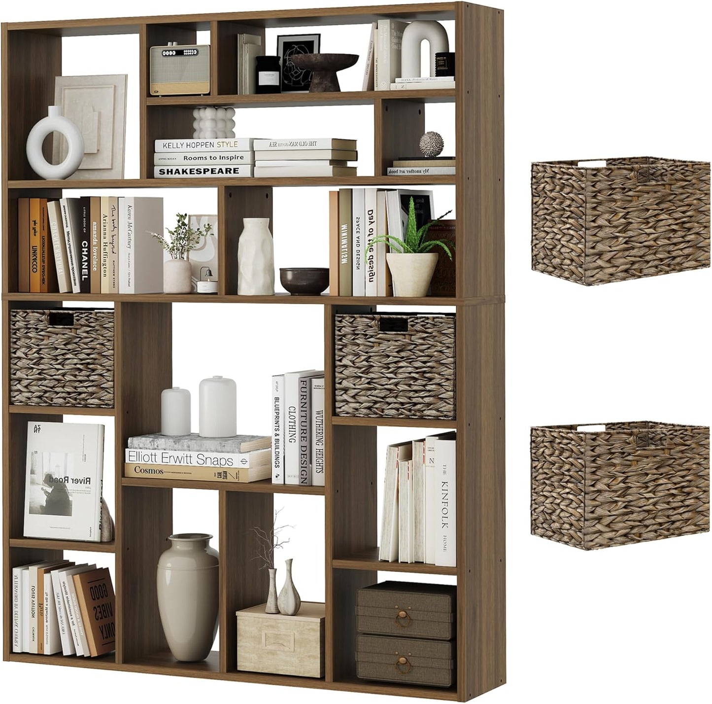 71” Tall Wooden Bookcase 6-Tier Large Bookshelves with 2 Woven Baskets, 55" Wide Floor Standing Wood Display Organizer Shelves for Living Room（Brown）