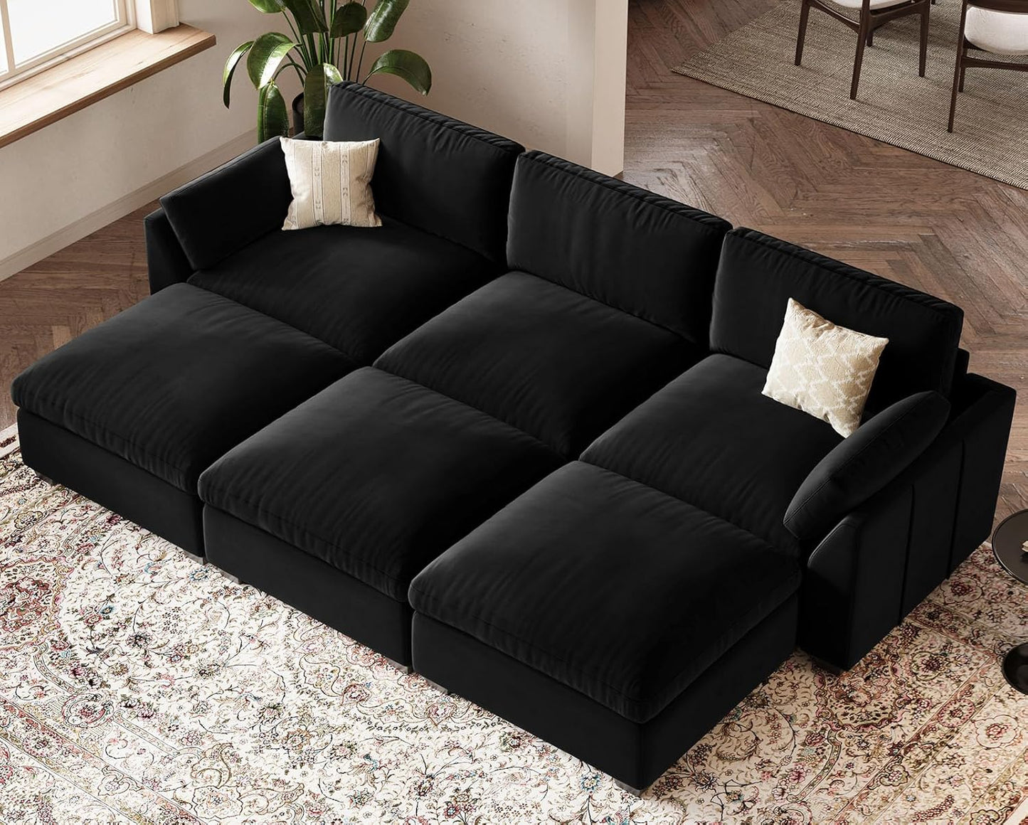 Belffin Sectional Couches for Living Room,106.3" 6-Seater Sleeper Sofa Bed,Extra Deep Seat Velvet Cloud Couch with Ottoman,Modular Sectional Sofa with Washable Covers,Black