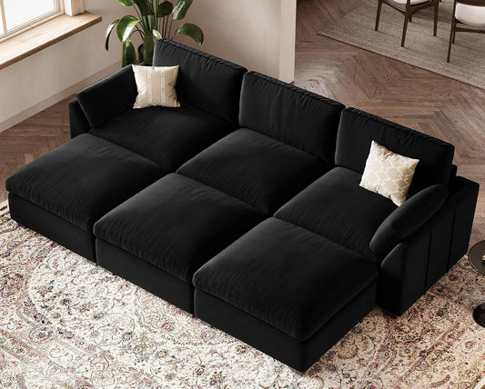 Belffin Sectional Couches for Living Room,106.3" 6-Seater Sleeper Sofa Bed,Extra Deep Seat Velvet Cloud Couch with Ottoman,Modular Sectional Sofa with Washable Covers,Black
