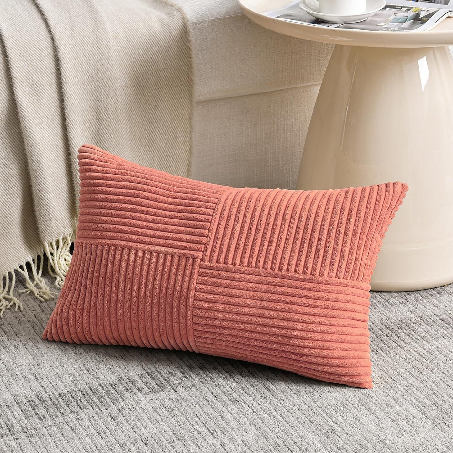 Fancy Homi 2 Packs Coral Long Lumbar Decorative Throw Pillow Covers 12x24 Inch for Couch Bed Sofa, Rustic Farmhouse Boho Home Decor, Soft Striped Corduroy Rectangle Accent Peach Cushion Case 30x60 cm