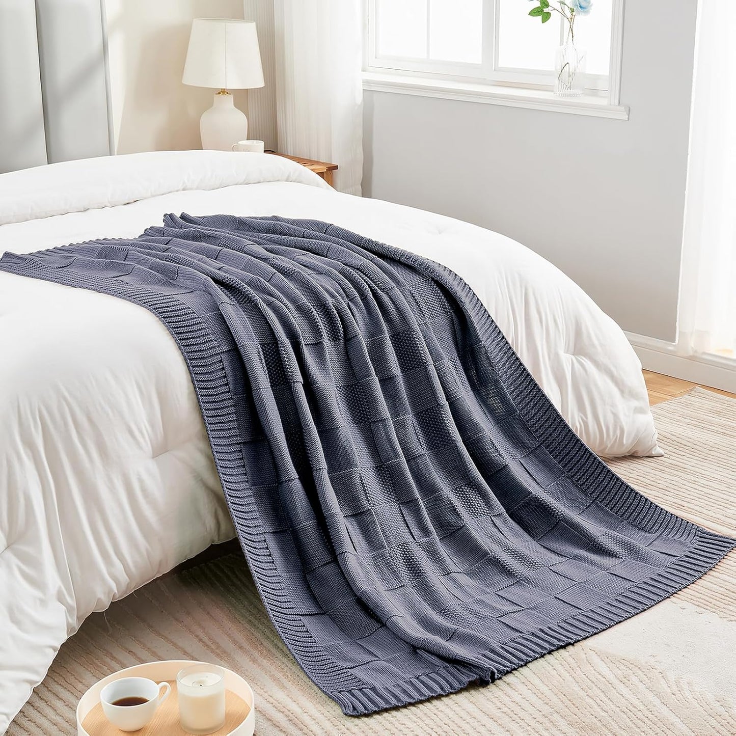 CozeCube Check Knit Throw Blanket, Steel Blue Checkered Throw for Couch, Decorative Christmas Soft Cozy Warm Knitted Blanket for Bed Sofa Living Room, 60"X80"