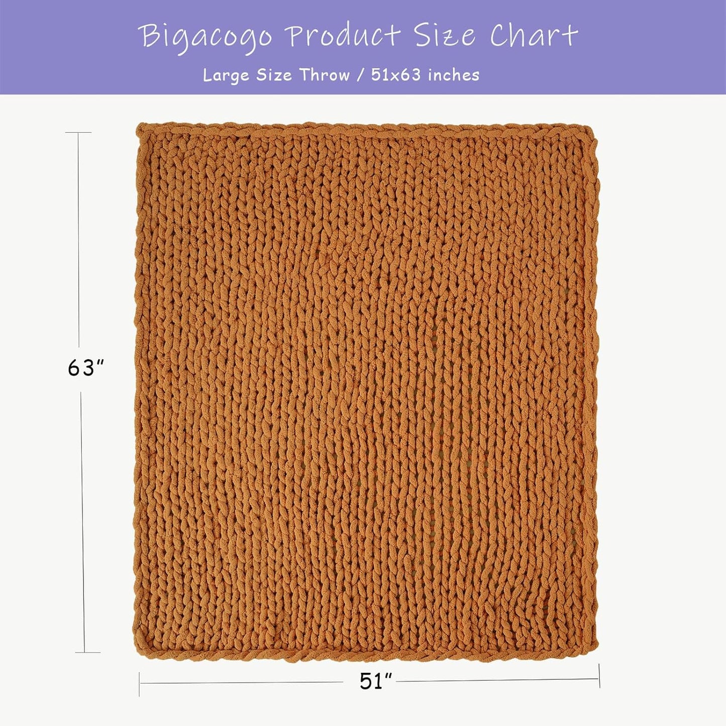 Bigacogo Chunky Knit Throw Blanket for Couch, 51x63 inches, 100% Hand Knitted with Thick Jumbo Chenille Yarn, Cozy Soft Large Rope Knot Cable Crochet Blankets for Sofa Bed Living Room, Burnt Orange