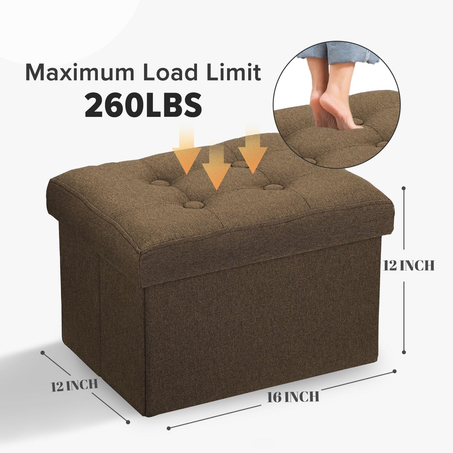 LINMAGCO Ottoman Storage Ottoman with Storage Small Foot Rest Stool Under Desk Stool Short Folding Footrest Linen Cloth Brown 16X12X12IN
