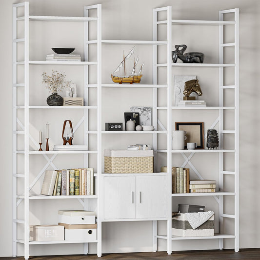 70x78 “ Triple 6 Tier Book Shelf, Industrial Large Bookcase with Storage Cabinet, Tall Bookshelf with 16 Open Display Shelves Metal Frame Furniture for Living Room Bedroom Home Office White