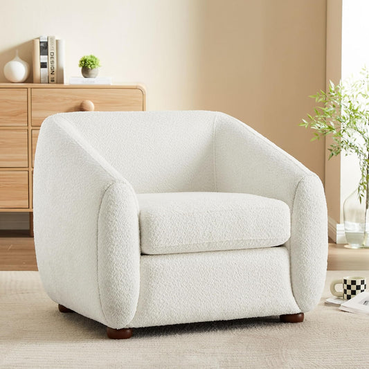Modern Accent Chair for Living Room, Upholstered Armchair with Boucle Fabric, Single Sofa Chair with Solid Wood Legs, Boucle, White
