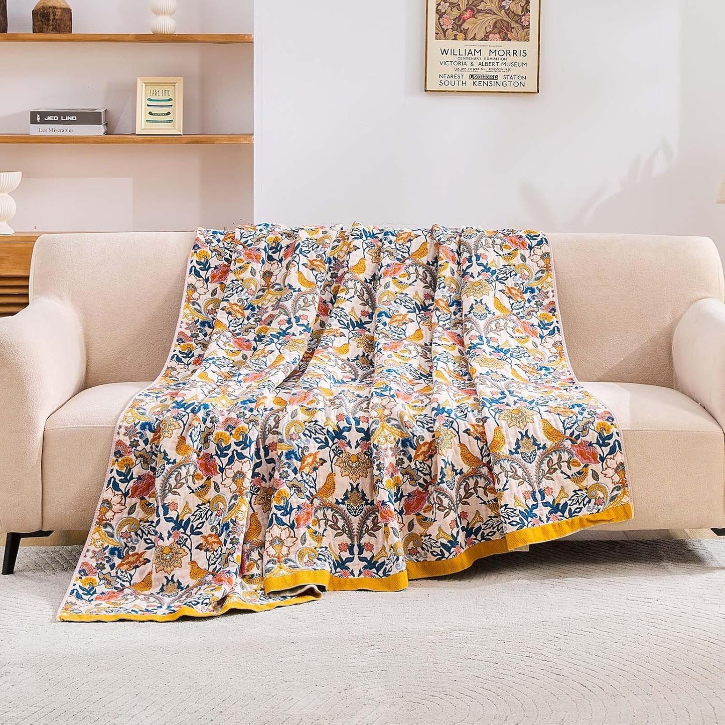 Boho Blanket Throw Quilt, 100% Cotton Soft Light Weight Throw Blankets for Summer, 90"x98" Farmhouse Flower Decorative Blankets, All Season Rustic Reversible Bohemian Throw Quilt