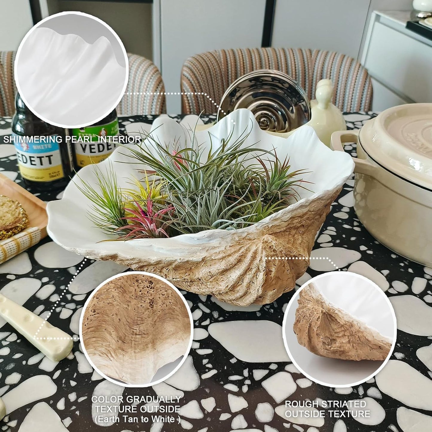 Extra Large Clam Shells Decorative Bowl Earth Tan Sea Shells Decorative Storage Bowls for Coastal Beach theme house table centerpiece decorations & Nautical decorations for coffee table -12.4"-1PC