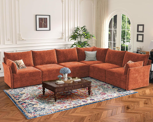 135.5" Oversized Modular Sectional Sofa, L Shaped Convertible Couch with Movable Ottoman, Large 6 Seat Corner Couches for Living Room Deep Seat Terracotta Orange Chenille