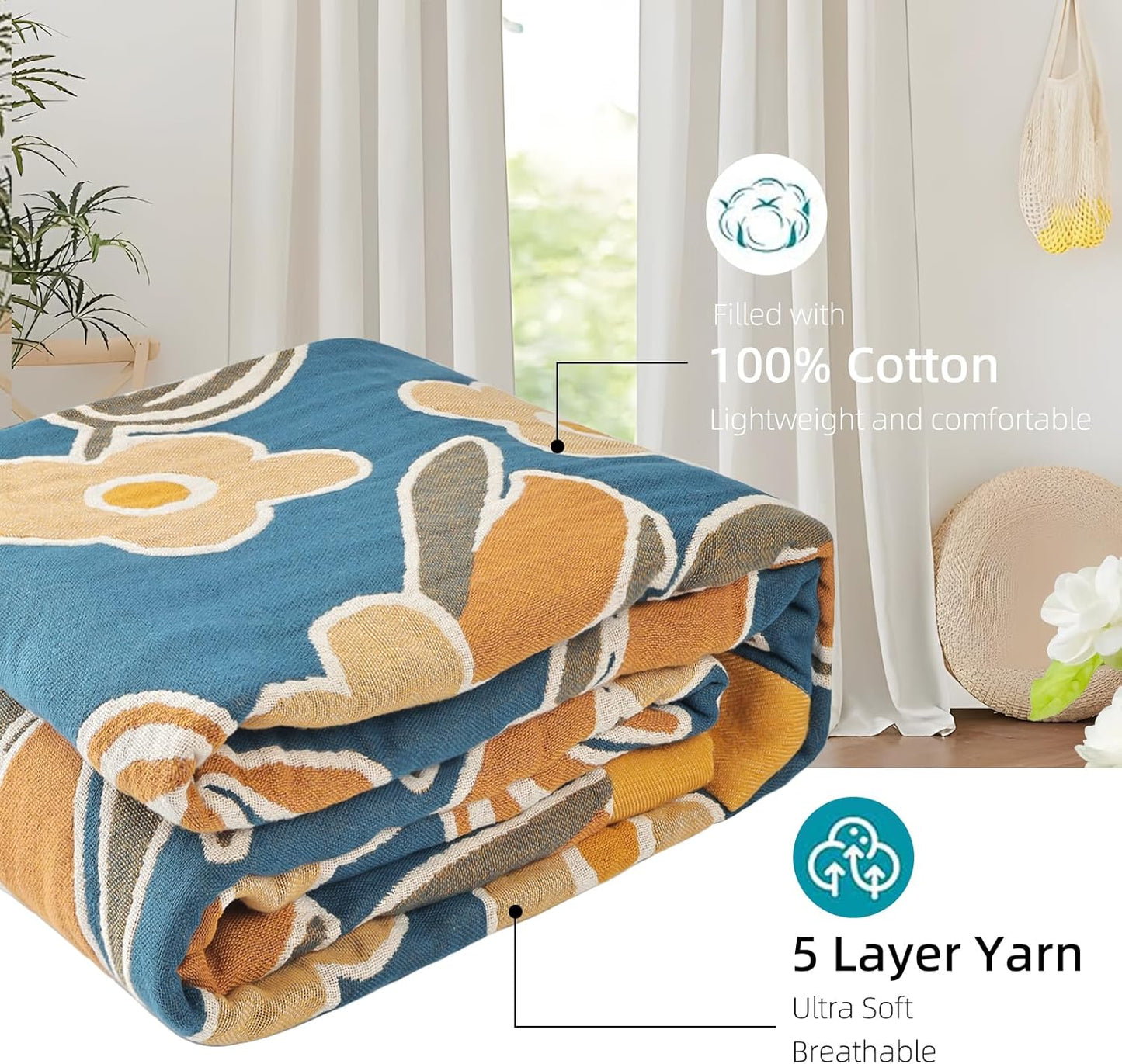 Boho Throw Blanket for Bed - 100% Pure Cotton Ultra Soft Rustic Quilt - Farmhouse Decor Bed Blankets, All Season Rustic Throw for Sofa Couch Chair(60"×80", Floral)