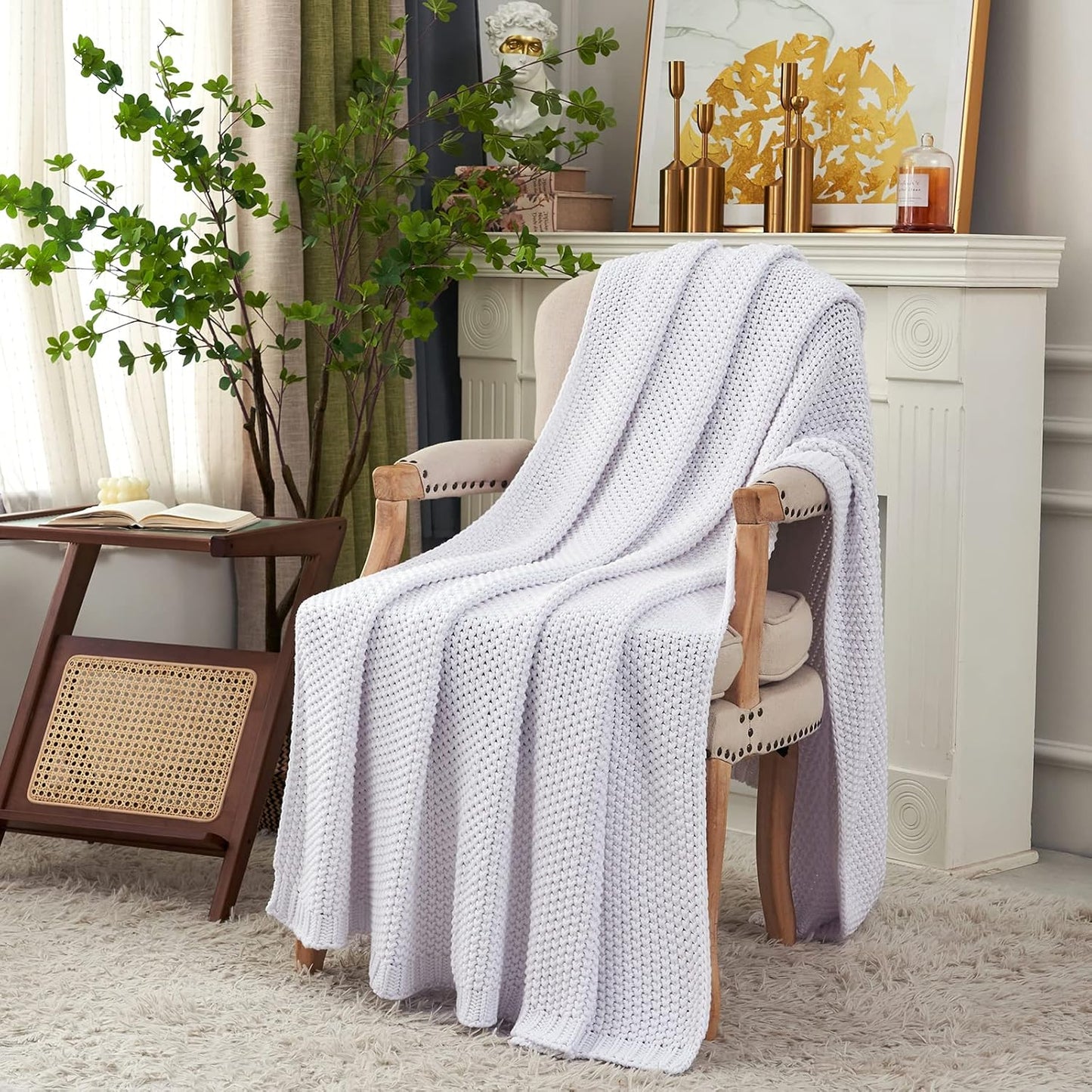 Chunky Cable Knit Throw Blanket Lightweight White 100% Organic Cotton Blanket for Sofa Couch Bed Baby Nursery, Rustic Shabby Chic Modern Farmhouse, Pure White 51” x 63” Give Laundering Bag