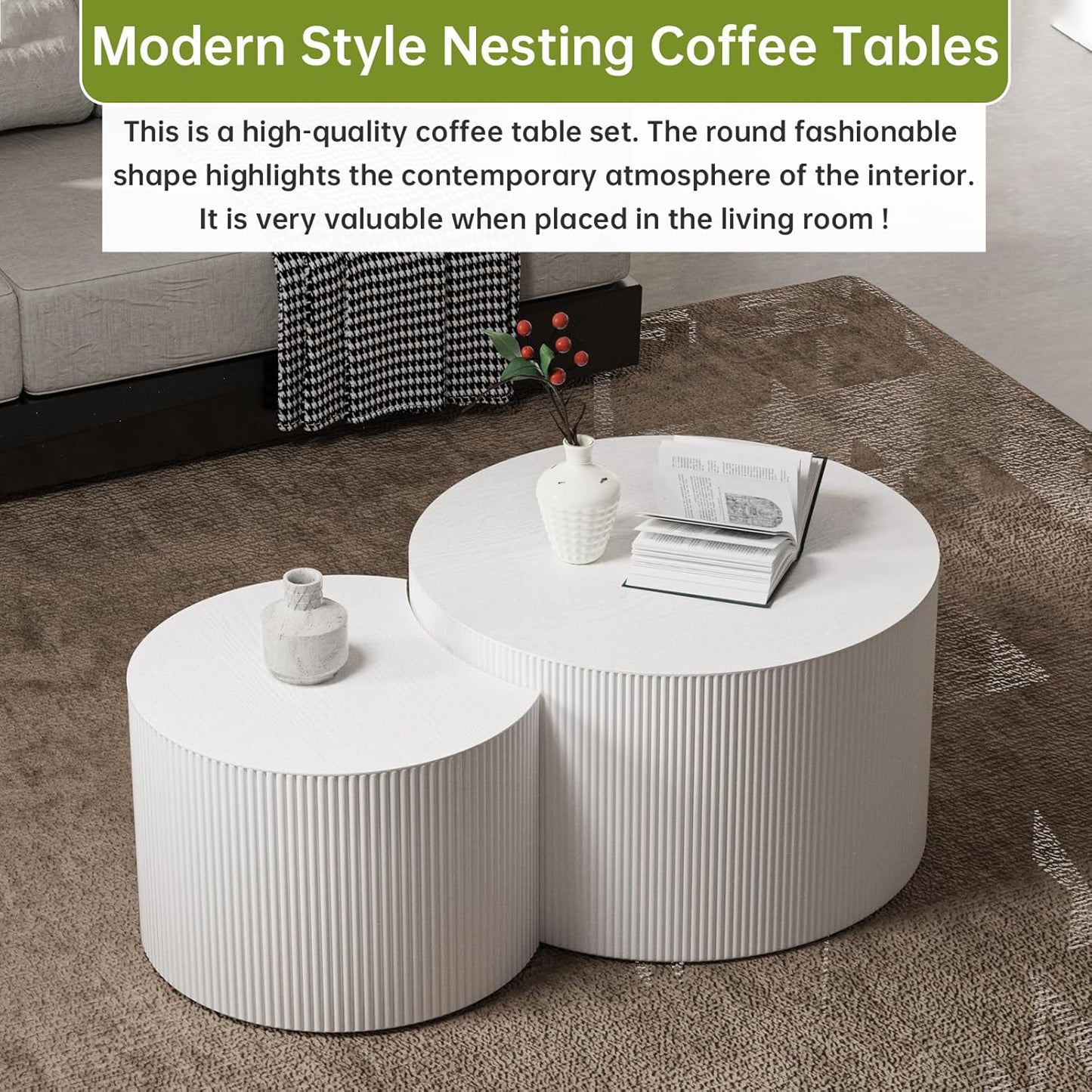 Round Nesting Coffee Table Modern White Fluted Coffee Table Set of 2 for Living Room Circle Drum Coffee Tables Round Nesting Tables Crescent Side Accent End Table for Small Space (White A 27in)
