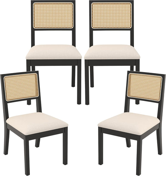 Westice Rattan Dining Chairs Set of 4, Farmhouse Natural Dining Room Chairs with Upholstered Cushion, Wood Armless Chairs for Kitchen/Restaurant, Black