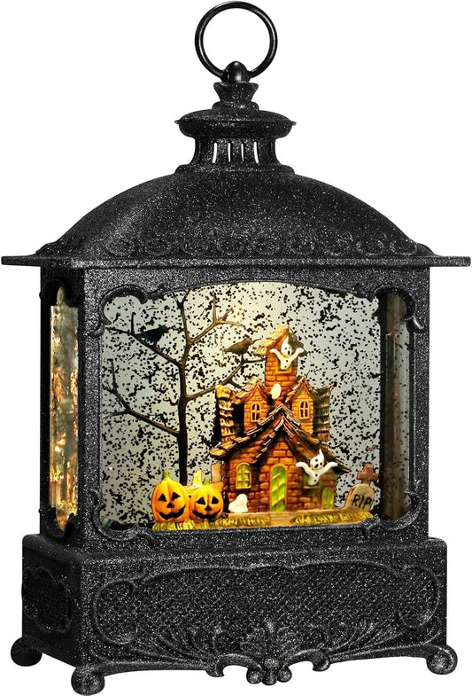 Halloween Snow Globe Lantern Haunted House Pumpkin Ghost Tree Crow Rip Dancing Bats with Timer, USB and Battery Powered 12 inch