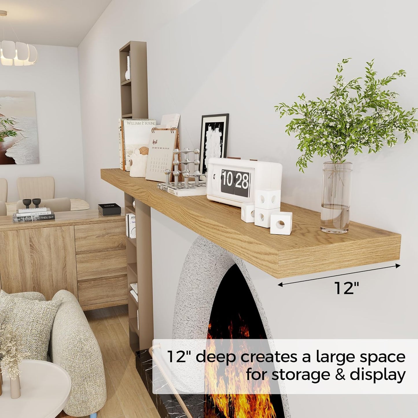 Fun Memories 72 Inch Floating Shelf, 12 Inch Deep Wall Shelf for Fireplace Mantel, Deep Storage Shelves for Home & Office, Wall Shelves with Invisible Bracket, Oak, Set of 1