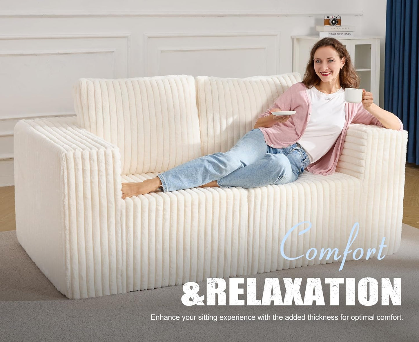 Modular Sectional Sofa 2 Seater Loveseat Modular Couch with Deep Seat Memory Foam Cloud Chair with Pillows Oversized Sectional Sofa for Living Room Bedroom (Strip White, Loveseat)