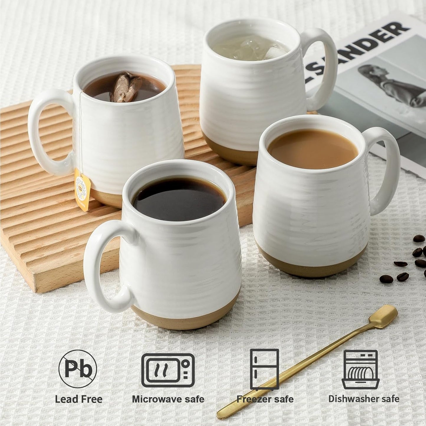 Hasense Coffee Mugs Set of 4, 15 oz Ceramic Coffee Cups with Comfortable Handle, Large Tea Cups for Coffee, Soup, Latte, Mug Set Gift for Wedding, Microwave and Dishwasher Safe, White