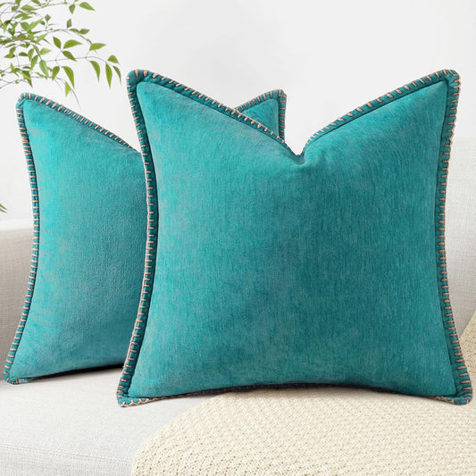 decorUhome Chenille Soft Throw Pillow Covers 20x20 Set of 2, Farmhouse Velvet Neutral Decorative Euro Pillow Covers with Stitched Edge for Couch Sofa Bed Home Decor, Turquoise