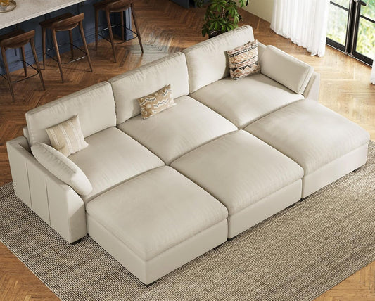 Belffin Sectional Couches for Living Room,106.3" 6-Seater Sleeper Sofa Bed,Extra Deep Seat Velvet Cloud Couch with Ottoman,Modular Sectional Sofa with Washable Covers,Beige