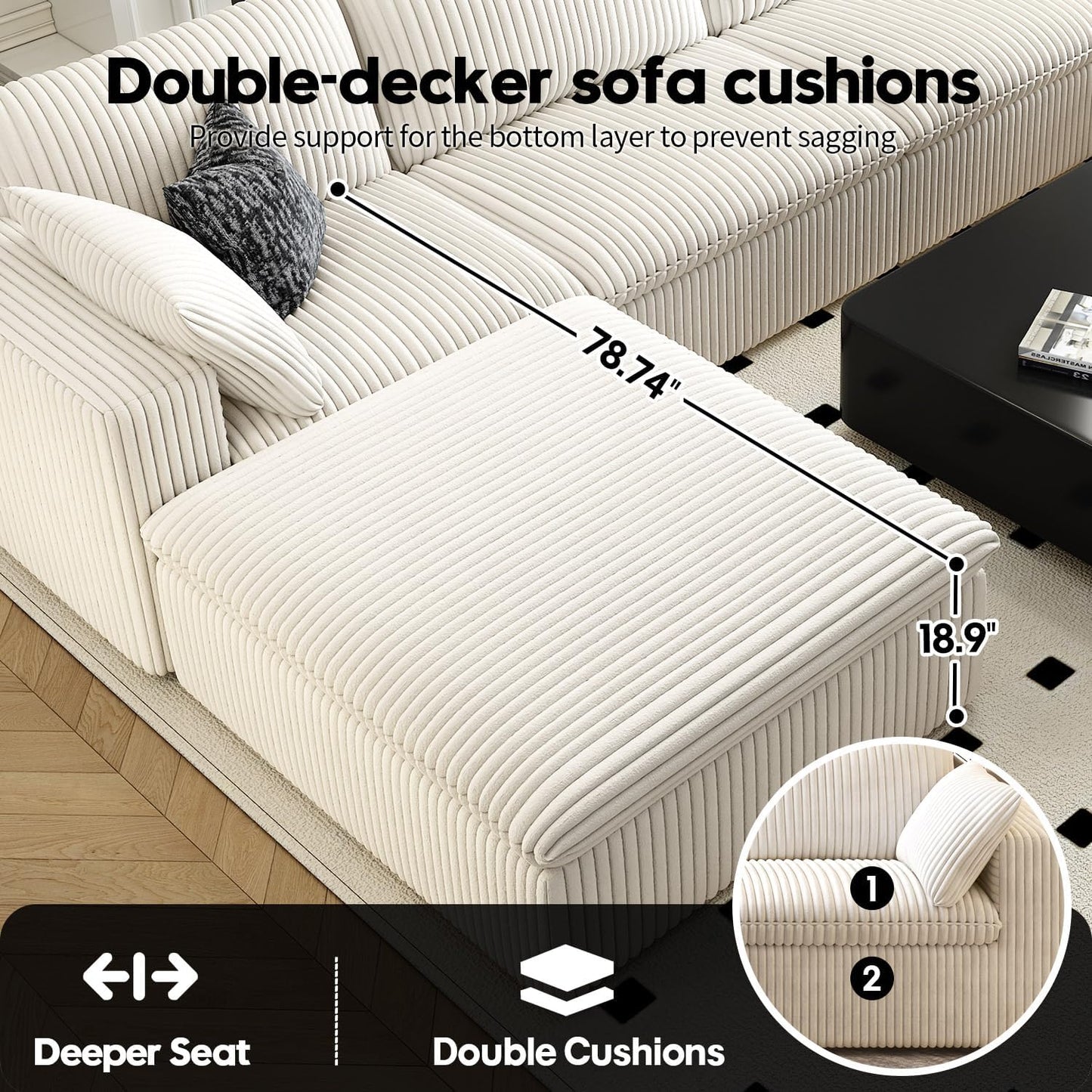 157.5" Cloud Couch Modular Sectional Sofa for Living Room,Modern Sofa with Deep Seat，L-Shape Boneless Couch with Ottoman,Comfy Upholstered Corduroy Couches for Apartment, Studio, Office,Bedroom，White