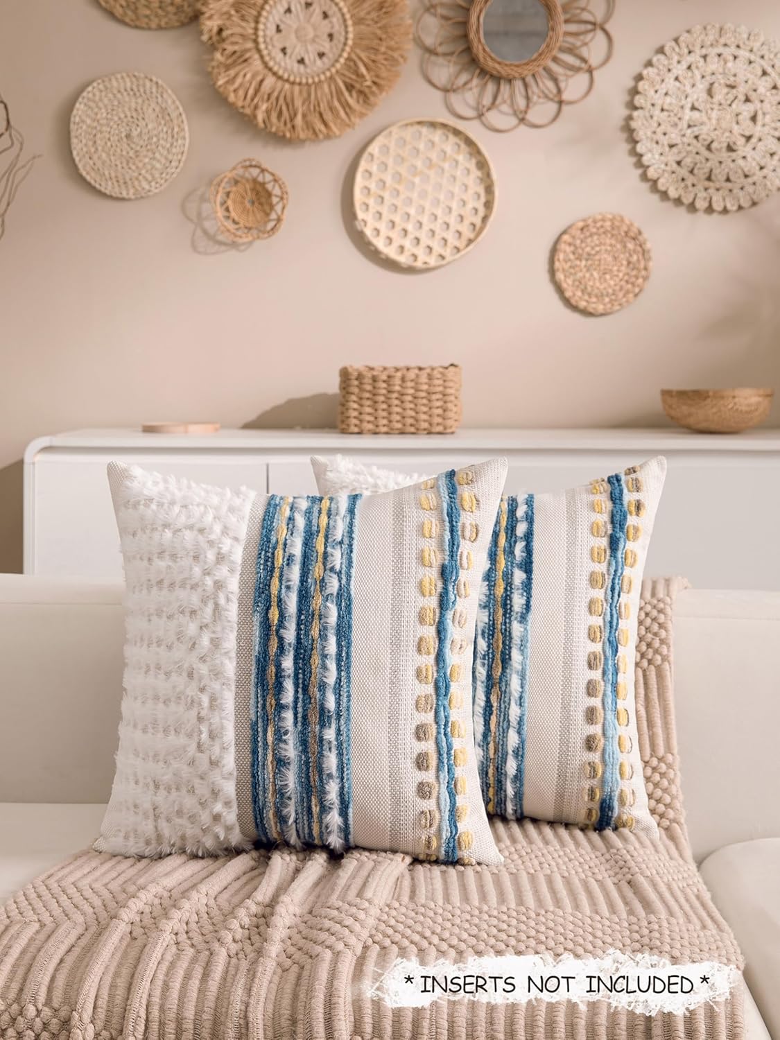 Boho Chenille Tufted Couch Throw Pillow Covers 18x18 Inch Set of 2 Farmhouse Striped Decorative Pillow Covers Accent Neutral Square Pillowcase Blue Cushion Covers for Livingroom Sofa Bed