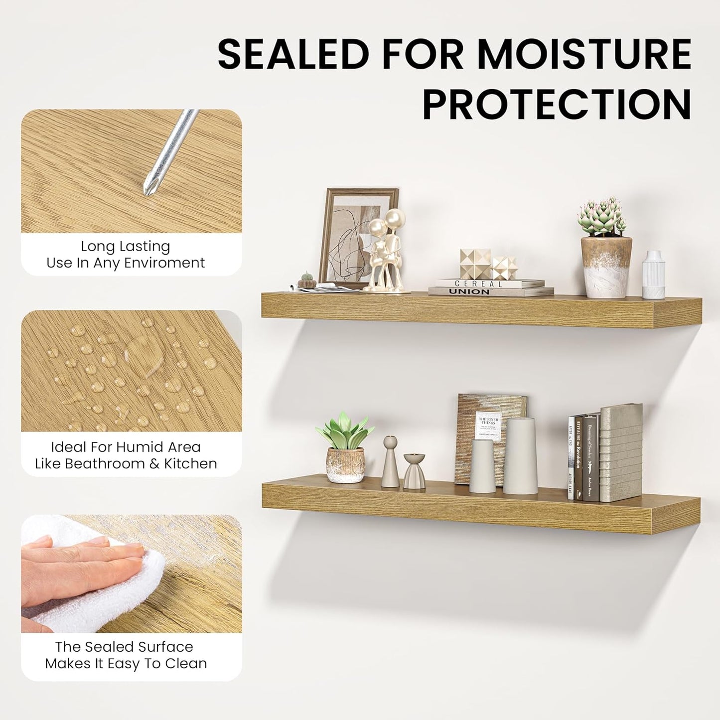 Floating Shelves for Wall, 31.5" W x 6.7" D x 1.5" H, Wooden Wall Mounted Display Shelves with Invisible Brackets for Living Room, Bedroom, Bathroom, Kitchen Decor and Storage, Set of 2, Oak