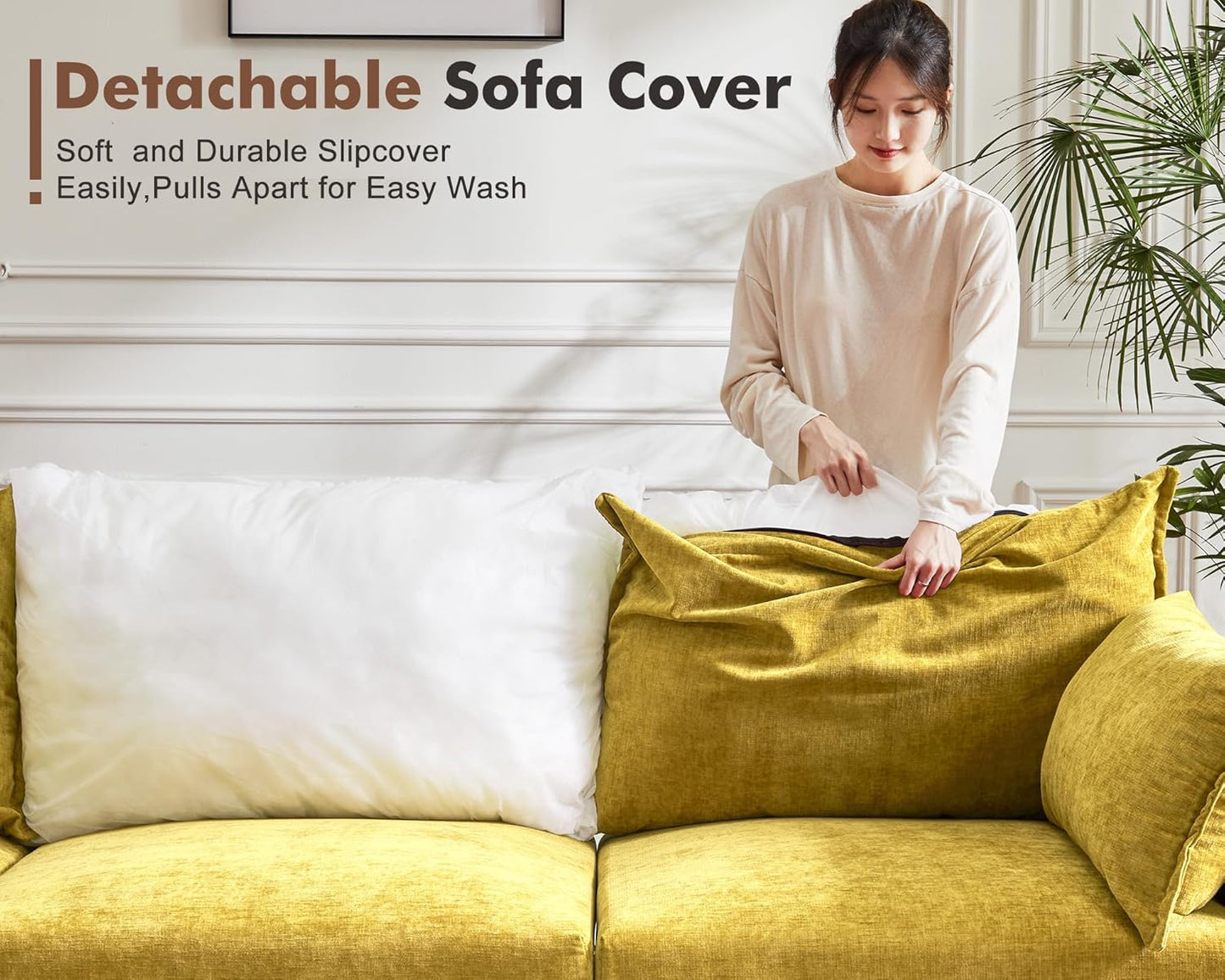 136.4" Oversized Modular Sectional Sleeper Sofa Bed, U Shaped Convertible Couch with Movable Ottoman, Large 8 Seat Corner Couches for Living Room Deep Seat Yellow Chenille