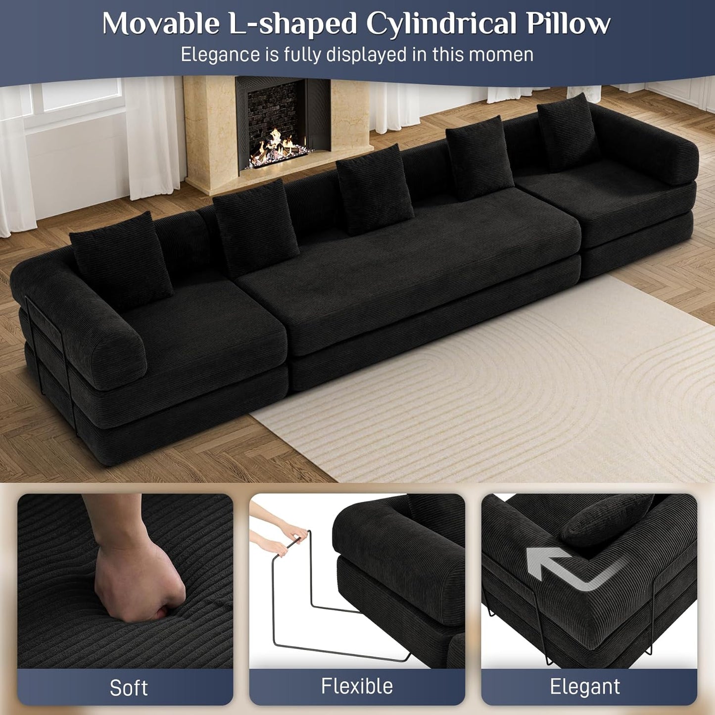 Modular Sectional Loveseat Sofa Cloud Boneless Couch, Modern Sleeper Sofa for Customizable Living Spaces, Cozy Modular Couch for Indoor Room, No Assembly Required, Black