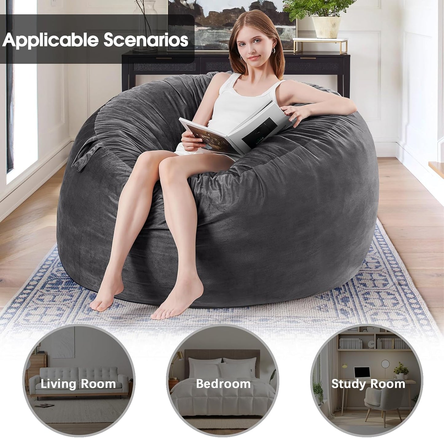 Bean Bag Chairs for Adults - Memory Foam Furniture BeanBag Chair - Kids/Teens Sofa with Soft Micro Fiber Cover - Round Fluffy Couch for Living Room Bedroom College Dorm - 3 ft, Gray Stripe