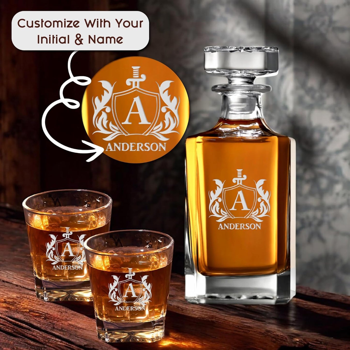 Personalized Triangle Whiskey Decanter Set for Men 650ml Luxury Gift for Groomsman, Liquor Decanters with 2 or 4 Glasses for Birthday, Retirement, Weddings - 24 Engraved Design Options
