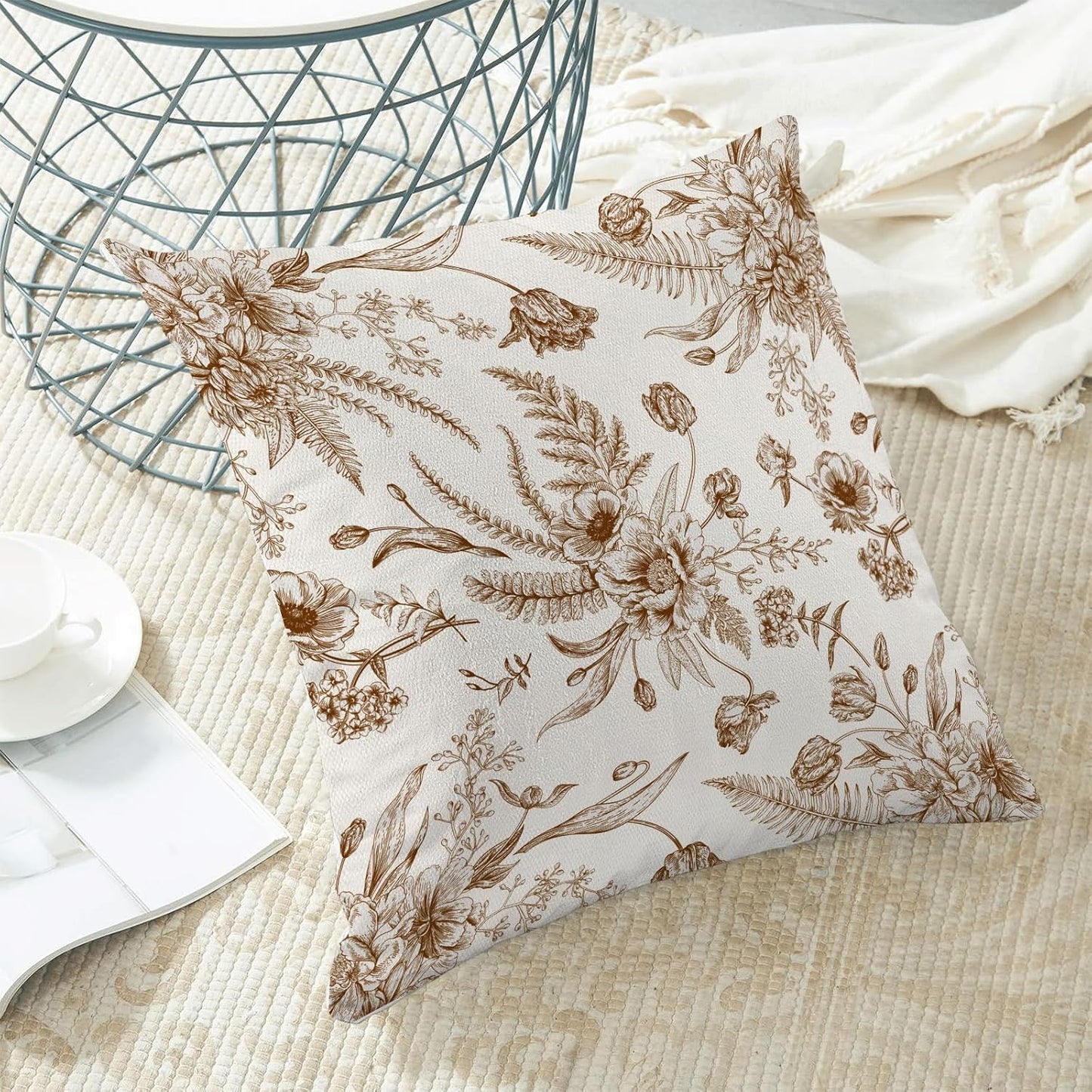 CXMEIFLY Spring Floral Leaves Pillow Covers 18 x 18 Inch Set of 2 for Chinoiserie Flowers Decor Throw Pillows Brown and White Seasonal Plant Outdoor Decorative Cushion Cases for Couch Bed Decorations