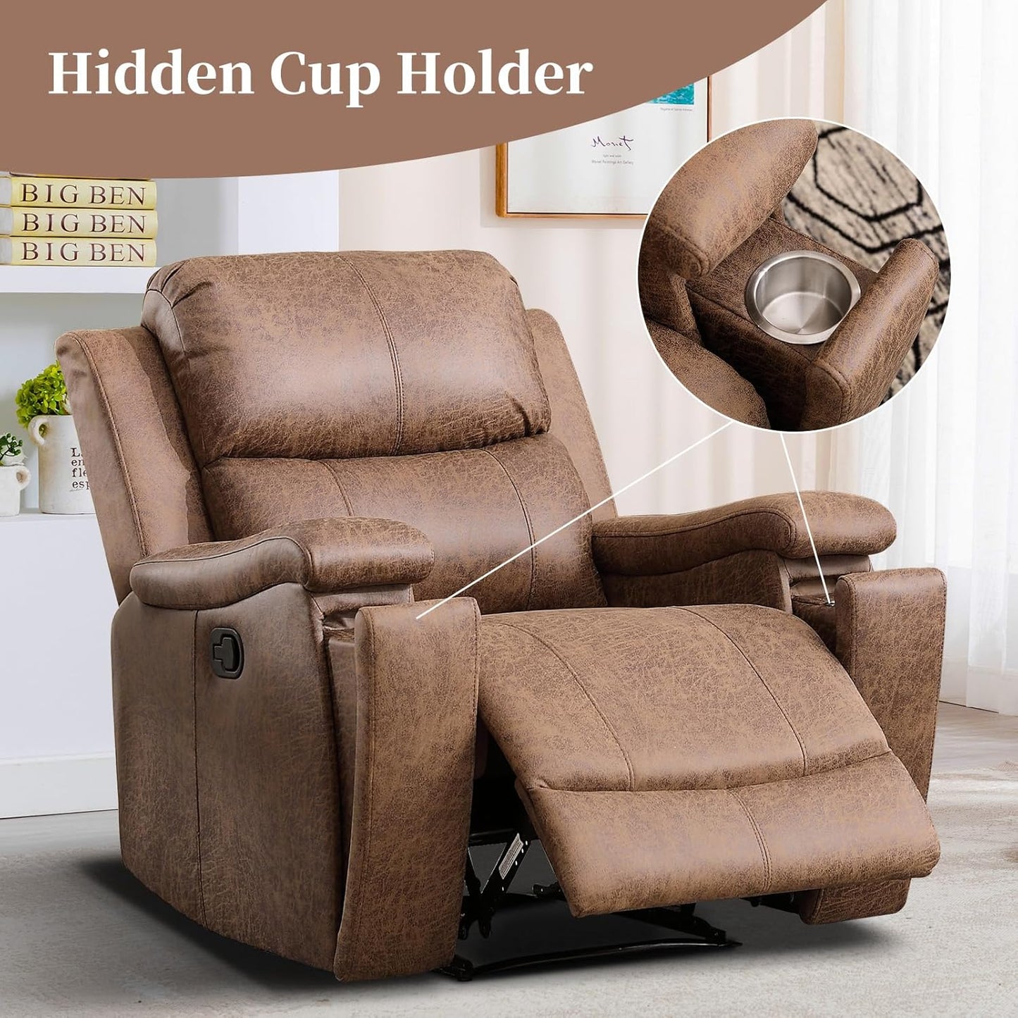 EBELLO Recliner Chair, Single Overstuffed Sofa Recliner, Breathable Faux Leather Manual Reclining Chairs with Hidden Cup Holder, Arm and Back for Adults, Living Room, Bedroom, Light Brown